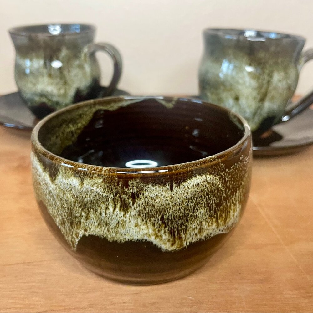 Handmade Cup & Saucer (Set of 2) with Sugar Bowl Artist Signed